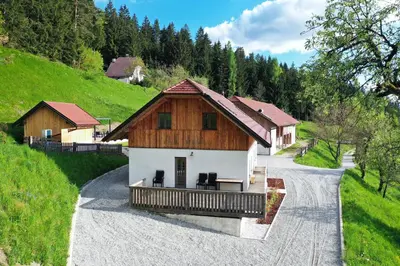 a house on a gravel road next to a mountain at Villa Richterberg with Sauna & Hot Tub in Slovenj Gradec