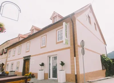 a large white building with two potted trees on it at Apartma LIMA in Mozirje