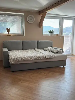 a couch in a living room with a clock on the wall at Apartma LIMA in Mozirje