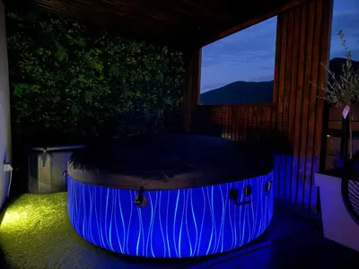 a hot tub in a room with a window at Apartma LIMA in Mozirje