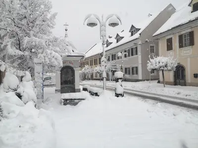 a snow covered street with a fire hydrant covered in snow at Apartma LIMA in Mozirje