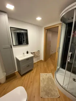 a bathroom with a white sink and a shower at Apartma LIMA in Mozirje