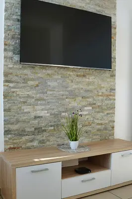 a flat screen tv on a brick wall at Apartment Ken near Terme Paradiso in Dobova