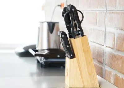 a knife block with a pair of black handled scissors at Apartment Ken near Terme Paradiso in Dobova