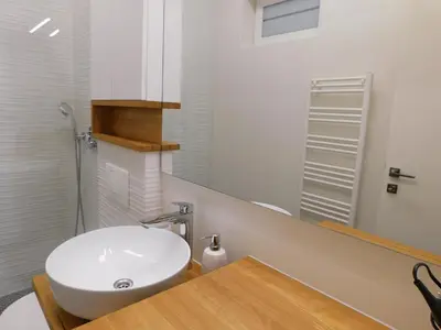 a bathroom with a white sink and a mirror at Boutique Apartment Križanke in Ljubljana