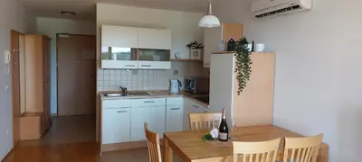 a kitchen with a wooden table and a kitchen with white cabinets at Apartma Vita in Moravske Toplice