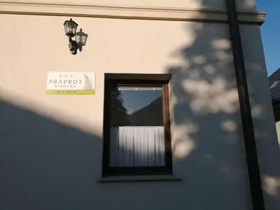 a window of a building with a sign on it at Apartma Praprot in Mojstrana