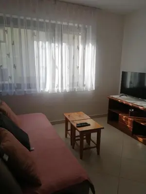 a living room with a couch and a table and a television at Apartma Praprot in Mojstrana
