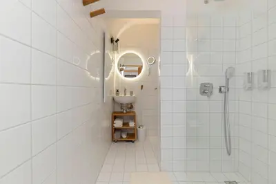 a white bathroom with a shower and a sink at Apartma Jenkova rezidenca in Kranj