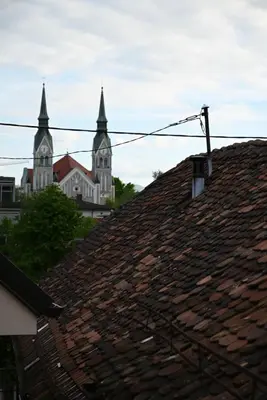 a roof with two church towers in the background at Krakovska apartments in Ljubljana