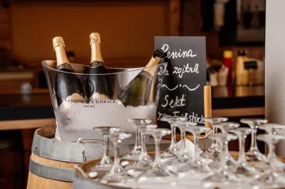 a bunch of bottles of champagne in a bucket at Terme Banovci - Mobilne hiške Med Brajdami in Banovci