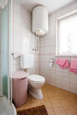 a bathroom with a white toilet and a window at Vineyard cottage Cvitkovič in Adlešiči
