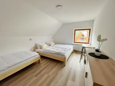 a bedroom with two beds and a window at Hiša Grilc in Kranjska Gora