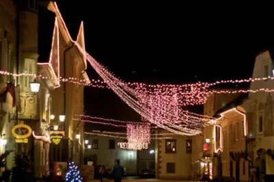 a bunch of lights hanging over a street at night at Beehive cabin on a farm in Radovljica