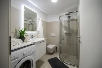 a bathroom with a shower and a toilet and a sink at Apartment in Škofja Loka in Škofja Loka
