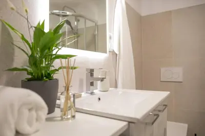 a bathroom with a white sink and a potted plant at Apartment in Škofja Loka in Škofja Loka
