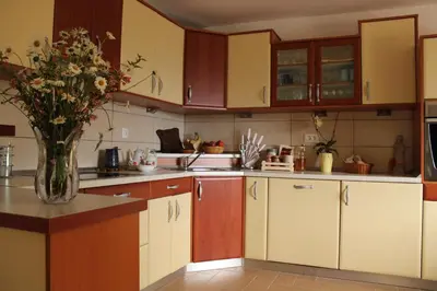 a kitchen with a vase of flowers on the counter at APARTMA BREST in Gornji Grad