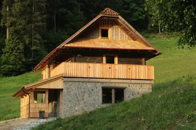 a house with a roof on top of a hill at APARTMA BREST in Gornji Grad