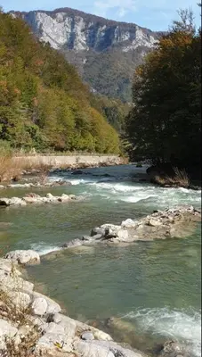 a river with rocks and a mountain in the background at Resort Stari Malni, Osilnica - vacation houses Stari Malni in Osilnica