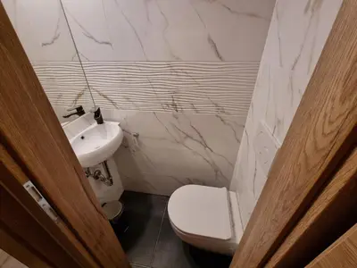 a bathroom with a white toilet and a sink at Savinja River Residence in Ljubno