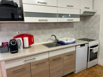 a kitchen counter with a sink and a microwave at Lotty in Čatež ob Savi