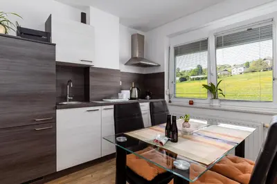 a kitchen with a glass table in a kitchen at Apartment Dalija - Cosy Apartment & Rooms with Massage Studio in Podčetrtek