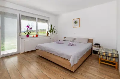 a bedroom with a bed with two pink pillows on it at Apartment Dalija - Cosy Apartment & Rooms with Massage Studio in Podčetrtek