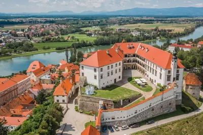 an aerial view of a large building with an orange roof at Vineyard Cottage Vesna Lake View - Happy Rentals in Veliki Vrh