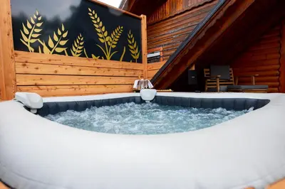 a jacuzzi tub in a room with a wooden wall at House 