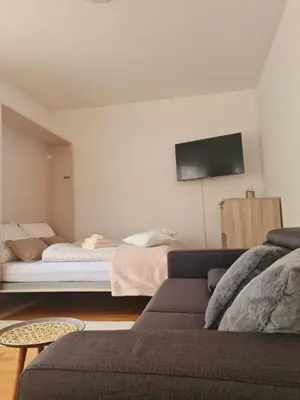 a living room with a couch and a bed at Pohorske terase Gabi in Pohorje