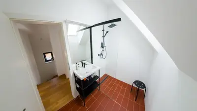a bathroom with a sink and a shower at Hiša ob stolpu in Lendava