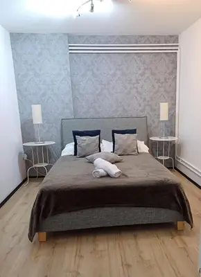 a bedroom with a large bed with two tables at Apartman Slivnica pri Mariboru in Slivnica pri Mariboru