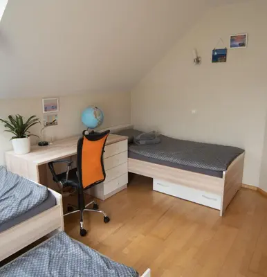 a bedroom with a desk and a bed and a desk at Guest house TOMAN in Bled