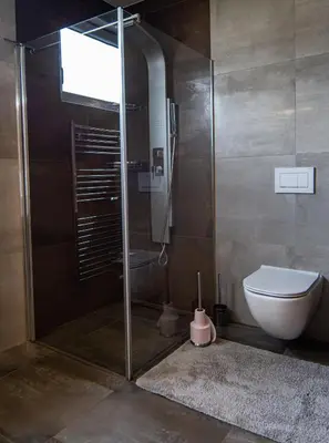 a bathroom with a glass shower with a toilet at Guest house TOMAN in Bled