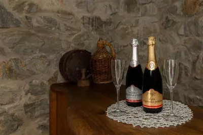 two bottles of champagne and two glasses on a table at Goričko Relax House in Kuzma