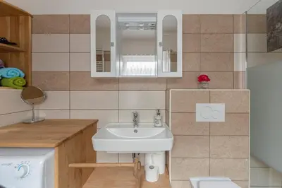 a bathroom with a sink and a mirror at Počitniška Hiša Pr Martinovih in Postojna