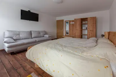 a bedroom with a large bed and a couch at Počitniška Hiša Pr Martinovih in Postojna