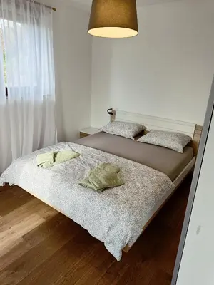 a bed with two pillows on it in a bedroom at Green Apartment Cerknica in Cerknica