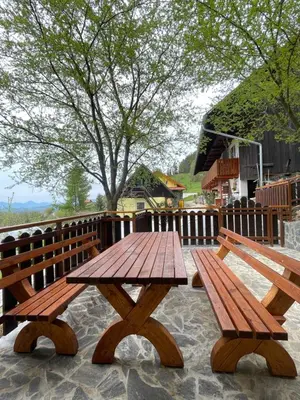 a wooden picnic table and benches on a patio at Boutique Farm Hrovat in Frankolovo