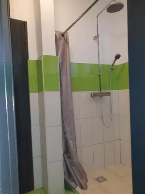 a bathroom with a shower with green and white tiles at Apartment with Terrace Nona Pavla in Tolmin