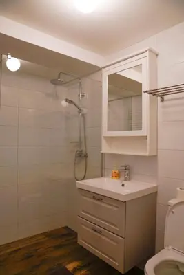 a bathroom with a sink and a shower and a toilet at Kota27 in Bovec