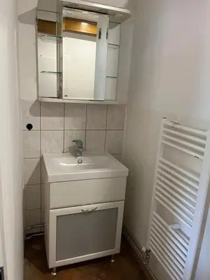 a bathroom with a sink and a mirror at Apartma-studio Ajdna in Žirovnica