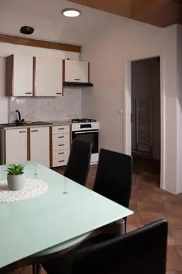 an empty kitchen with a table and chairs at Apartma-studio Ajdna in Žirovnica