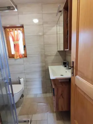 a small bathroom with a sink and a toilet at Počitniška hišica Rogatec - Holiday Cottage Rogatec in Luče
