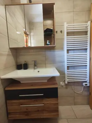 a bathroom with a sink and a mirror at Počitniška hišica Rogatec - Holiday Cottage Rogatec in Luče